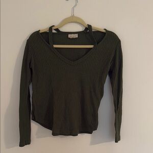 Olive Green V-Neck Ribbed Top